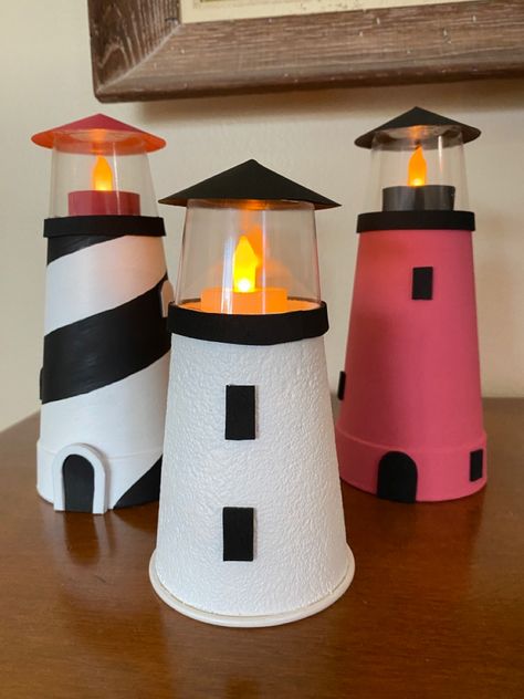 Diy Mini Lighthouse, Foam Cup Crafts, Styrofoam Cup Crafts, Lighthouse Crafts For Kids, Diy Lighthouse Crafts, Breaker Rock Beach Vbs 2024 Crafts, Diy Light House, Lighthouse Craft, Foam Coffee