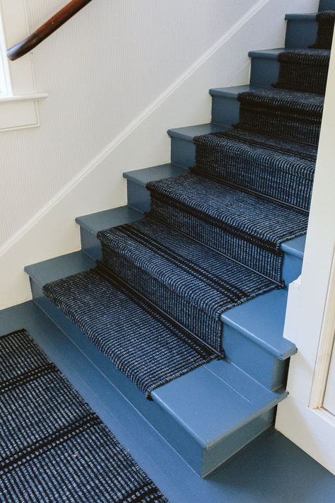 Remodel Basement Stairs, Stairs With Runner And Rods, Update Carpeted Stairs, Ripping Carpet Off Stairs, Stair Runner On Curved Stairs, Stairs With Landing And Turn, Basement Stair Runner, Stairwell Carpet, Painted Stairs With Runner