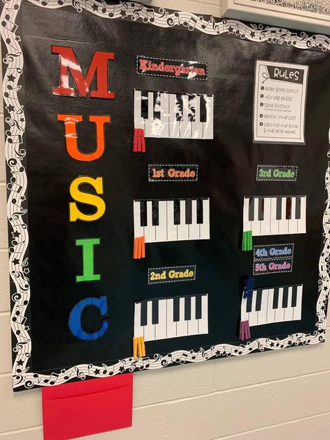 Music Bulletin Board Ideas, Music Classroom Setup, Music Room Decor Ideas For School, Music Themed Bulletin Boards, Music Class Decorations Ideas, Music Class Aesthetic, Music Classroom Design, Music Bulletin Boards Elementary, Art And Music Classroom Decor