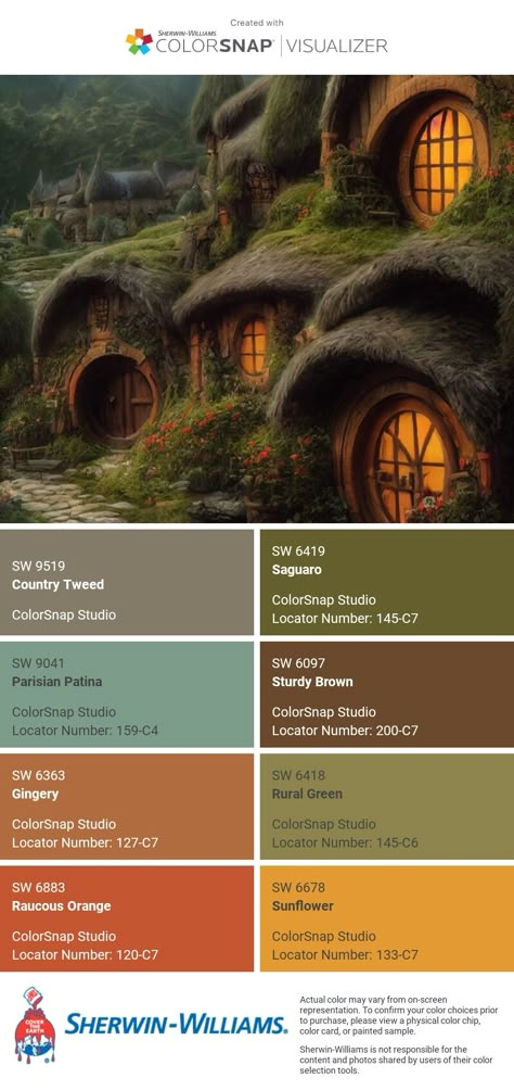 Hobbit Colour Palette, Harry Potter House Color Palette, Cozy Hobbit Aesthetic, Sherwin Williams Color Palette 2024, Apartment Aesthetic Earthy, Solarpunk Color Palette, Over The Garden Wall Color Palette, Goblin Core Color Palette, Color Palette Lotr