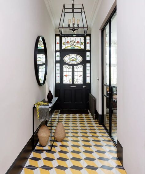 Victorian Semi Detached House, Yellow Hallway, Bright Hallway, Brick Feature Wall, Inset Fireplace, Geometric Floor, Interior Fit Out, Cabinetry Design, Lampe Decoration