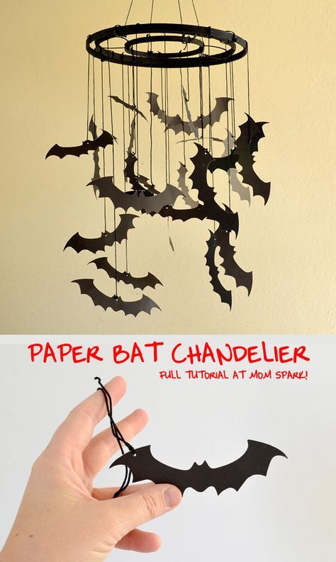 Make a cheap and freaky bat chandelier with supplies you might already have on hand! Bat Chandelier Diy, Bat Chandelier, Gothic Diy, Halloween Diy Paper, Bat Craft, Paper Bat, Neutral Home Decor, Halloween Tattoo, Goth Home Decor