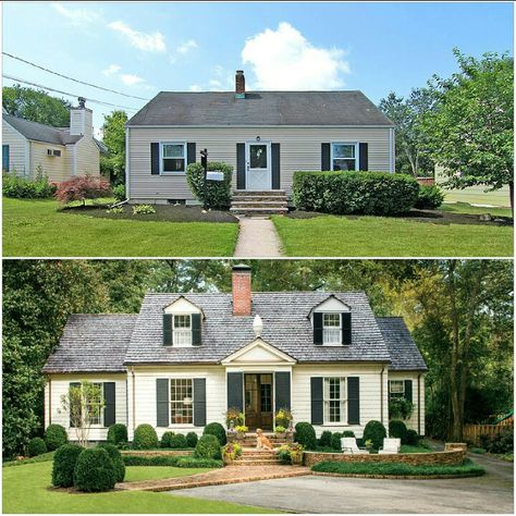 Obviously 2 different houses but whatever House Exterior Ranch, Cape Cod House Exterior, Ranch Renovation, Ranch House Remodel, Exterior House Renovation, Ranch House Exterior, House Makeovers, Exterior House Remodel, House Before And After