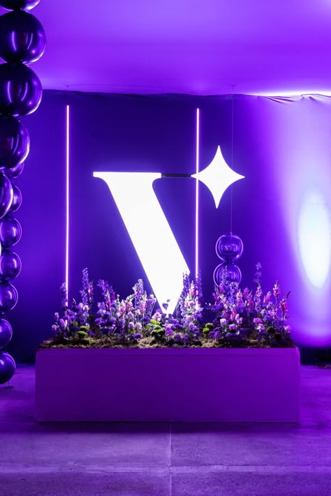 #neon #party #forest #guests #flowers #purple #elegant #glass #birthdayparty Corporate Anniversary, Dreamy Forest, Dear Klairs, Event Booth, Wedding Stage Design, Light Up Letters, Event Design Inspiration, Purple Party, Glam Party