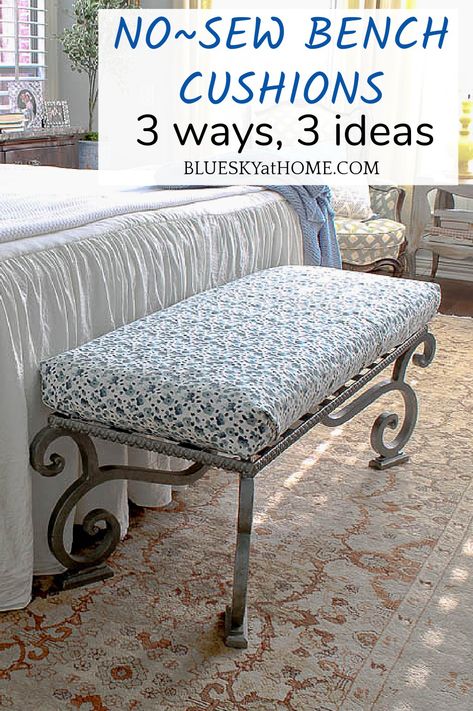 How to Make A No-Sew Bench Cushion. Learn how easy it is to make cushions without a sewing machine or sewing tools. Get the easy instructions. No Sew Cushions, No Sew Cushion Covers, Construction Hacks, Diy Bench Cushion, Diy Chair Cushions, Bench Cushions Outdoor, Patio Bench Cushions, Diy Bench Seat, Bench Cushion Cover