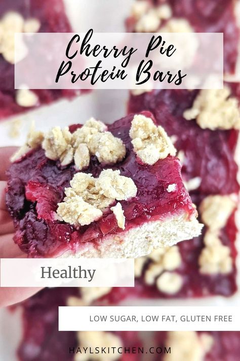 Beautiful Cherry Pie Protein Bars with a protein oatmeal base and no-sugar cherry filling! These high protein cherry oatmeal crumb bars are healthy, low sugar, low calorie and low fat too. High Protein Low Fat Desserts, Healthy Cherry Recipes, Cherry Recipes Healthy, Sugar Free Protein Bars, Protein Cookie Dough Recipe, Oatmeal Ideas, Protein Sweets, Fresh Cherry Recipes, Cherry Oatmeal