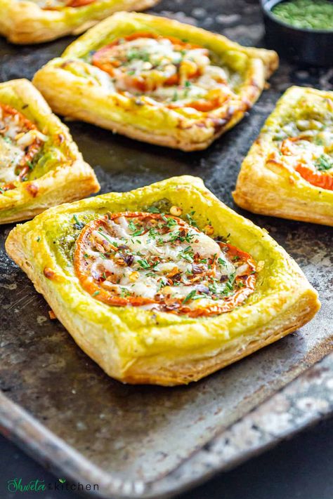 Easy Tomato Pesto Tarts - Shweta in the Kitchen Puff Pastry Recipes Savory, Super Easy Appetizers, Savory Puff Pastry, Pesto Cheese, Puff Pastry Appetizers, Pastry Appetizer, Puff Pastry Tart, Tomato Tart, Tomato Pesto