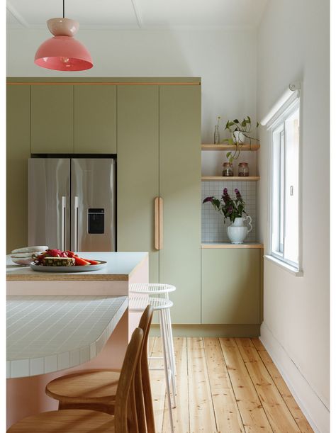 This Pastel Kitchen Will Change Your Mind About Laminate Pastel Kitchen, Space Craft, Contemporary Light Fixtures, Melbourne House, Wooden Floors, Mid Century Kitchen, Family Kitchen, The Design Files, Colour Combination