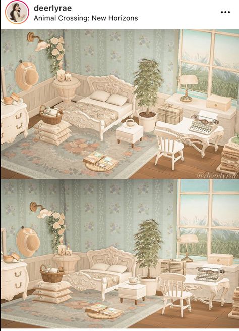 Acnh Patchwork Bed, Acnh House Interior Ideas Cottagecore, Acnh Eloise House, Animal Crossing Antique Room, Acnh Blue Bedroom, Acnh House Interior Main Room, Acnh Bedroom, Acnh Interior, Hello Kitty Island Adventure