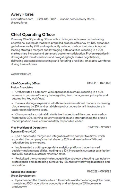 Examine Chief Operating Officer resume examples to highlight your operational leadership, strategic planning skills, and ability to drive business growth, helping your application stand out to CEOs and board members across diverse industries. | chief operating officer resume, COO resume, executive leadership resume Resume Business, Resume Guide, Strategic Leadership, Resume Summary, Leadership Abilities, Board Members, Create A Resume, Operational Excellence, Executive Leadership