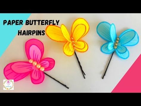 Paper Butterfly Hairpins 🦋 | Easy, Colorful, Cute and Beautiful Bobby Pin Idea | Hair Accessories - YouTube Butterfly Hair Pins Aesthetic, Butterfly Bobby Pins, Butterfly Hair Pins, 90s Hair Clips Butterflies, Gold Butterfly Hair Pins, Ribbon Butterfly, Butterfly Hair Clips, Butterfly Hair Clip, Paper Butterfly