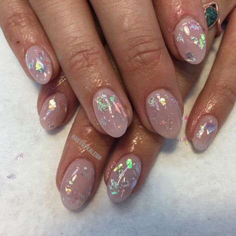 Opal Foil Nails, Iridescent Bridal Nails, Nails With Holographic Flakes, Sparkle Flake Nails, Metallic Flake Nails, Iridescent Flakes Nails, Glitter Flakes Nails, Opal Iridescent Nails, Opal Flake Nails