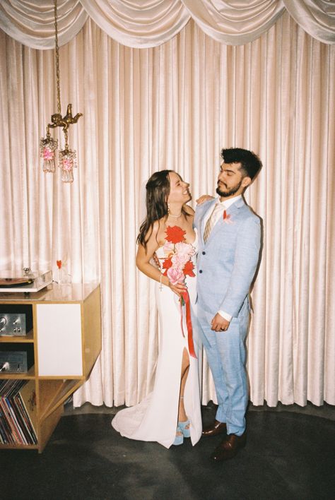 Married at Sure Thing (a pink kitsch chapel in Las Vegas) shot on 35mm film, contax g2 Wedding Chapel Las Vegas, Contax G2, Vegas Vow Renewal, Vegas Vibes, Vintage Vegas, Vegas Weddings, Sure Thing, Las Vegas Elopement, Vegas Elopement