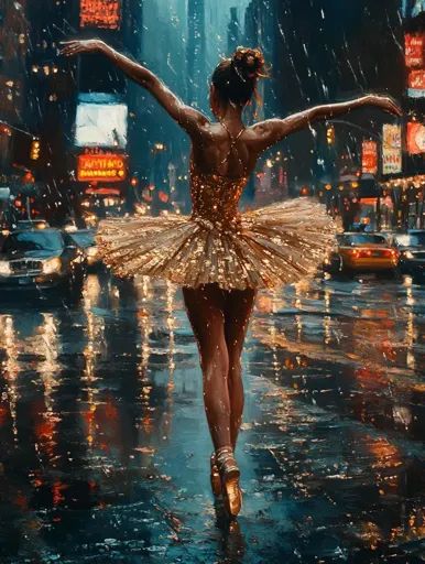 ↑↑↑ Larger size on website 🔸 A ballerina, dressed in a gold-sequined tutu, dances in the rain on a city street. The city lights r Ballerina Silhouette Art, Dancer Artwork, Ballerina Artwork, Wet Pavement, Rain Street, Ballerina Illustration, Painterly Texture, Dancer Art, Ballerina Silhouette