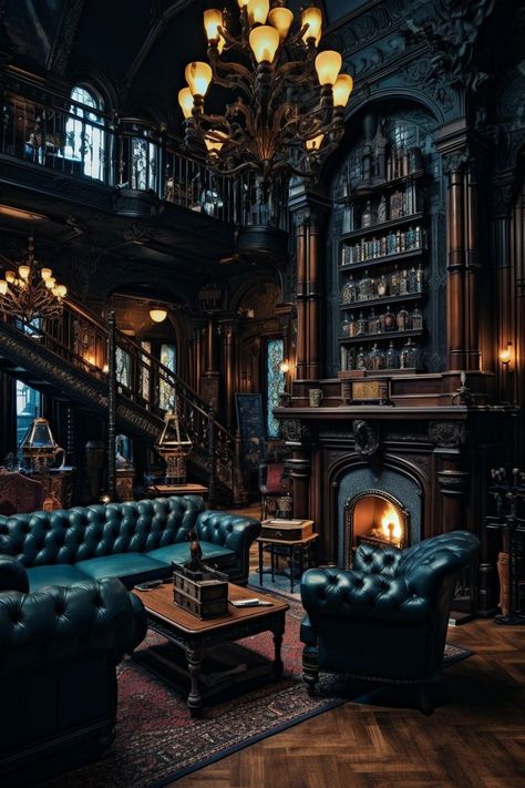 Grayscale Home Decor, Emo House Exterior, Steampunk House Decor, Victorian Gothic Library, Steampunk Aesthetic Room, Fantasy Mansion Interior, Victorian Gothic House, Steampunk Office, Victorian Office