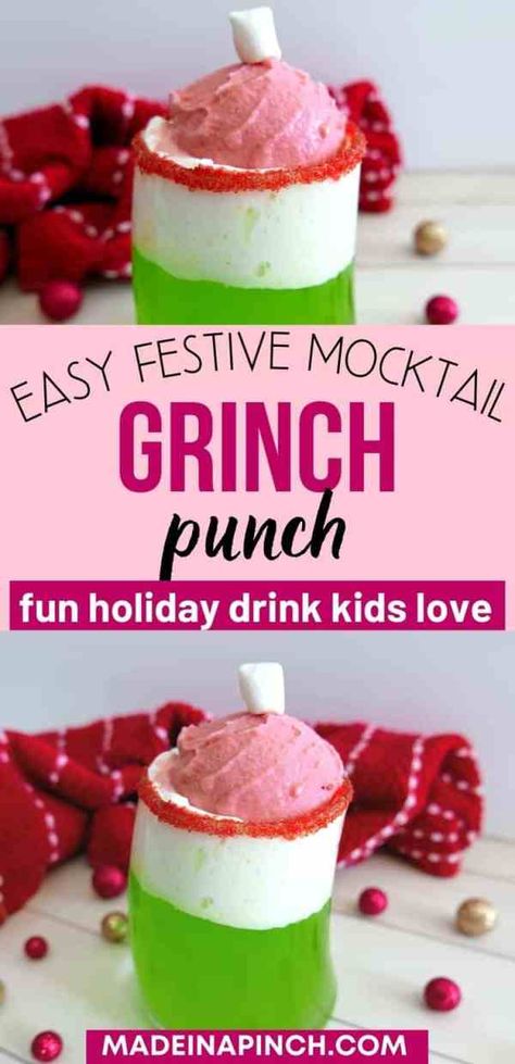 Everyone loves this simple Christmas Sherbet Punch, also known as Grinch Punch! - a deliciously green punch that has only 3 ingredients but loads of colorful fun. It's sour but mostly sweet, and it's everything you could want in a Christmas mocktail. #grinchpunch #grinchrecipes #greenpunch #partypunch #christmasrecipes #christmasdrinks #christmasmocktail | Made in A Pinch @madeinapinch Grinch Punch Recipe For Kids, Christmas Sherbet Punch, Grinch Punch Recipe, Green Punch Recipes, Grinch Snack, Fun Christmas Drinks, Punch Mocktail, Easy Christmas Drinks, Christmas Mocktail