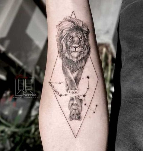 Lion Tattoo Spine, Star Tattoos On Side Rib Cage, Cool Lion Tattoos For Men, Lion Father And Son Tattoo, Creative Leo Tattoos, Lion Tattoo For Man, Leo Tattoo Ideas Men, Lion Reflection Tattoo, Lion And Son Tattoo