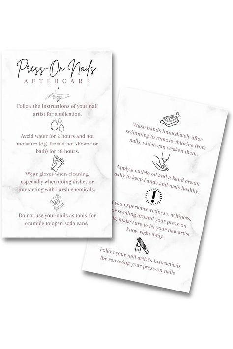 Press-On Nail Aftercare Cards  50 Pack  2x3.5&#34; inch Business Card Size  Add to Your DIY Press-On Nail Kit  Marble Design Nail Tech Aftercare Kit, Press On Nails Business Cards, Press On Nails Packaging Ideas Diy, Nail Aftercare Kit, Press On Nail Instruction Card, How To Apply Press On Nails, Press On Nail Packaging Ideas, Press On Nails Card, Press On Nails Instructions