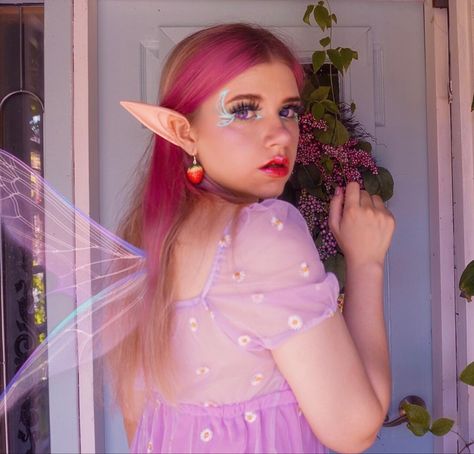 Pink Hair Fairy Costume, Fairy Elf Costume Makeup, Pink Fairy Makeup Halloween, Fairy Costume Aesthetic Makeup, Handmade Pink Fairy Jewelry, Fairycore Dress, Makeup Nails Art, Fairy Tea Parties, Kei Visual