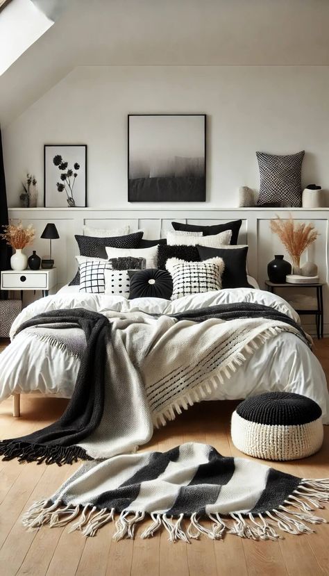 20+ Timeless Black and White Bedroom Ideas for a Classic Look 65 Black And White Bedroom Boho, Black White Beige Bedroom, Beige Black And White Bedroom, Black And White Guest Bedroom, Neutral And Black Bedroom, Black And Beige Bedroom, Black And Cream Bedroom, White Guest Bedroom, Comfy Rooms