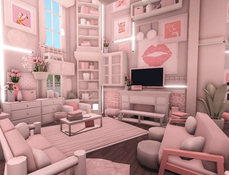 Bloxburg Pastel Living Room, Blush Bloxburg Exterior, Bloxburg House Ideas Hello Kitty, Pink Living Room Bloxburg, Pink Bloxburg House Ideas, Blush Living Room Bloxburg, Sims 4 Pink Living Room, Bloxburg Blush Room Ideas, Blush Home Bloxburg