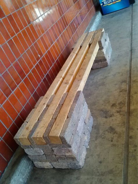 Brick Bench Diy, Brick And Wood Bench, Diy Brick Bench Outdoor, Diy Brick Bench, Bench With Bricks And Wood, Brick Outdoor Bench Seat, Brick Bench Outdoor, Brick Bench, Benches For Outside