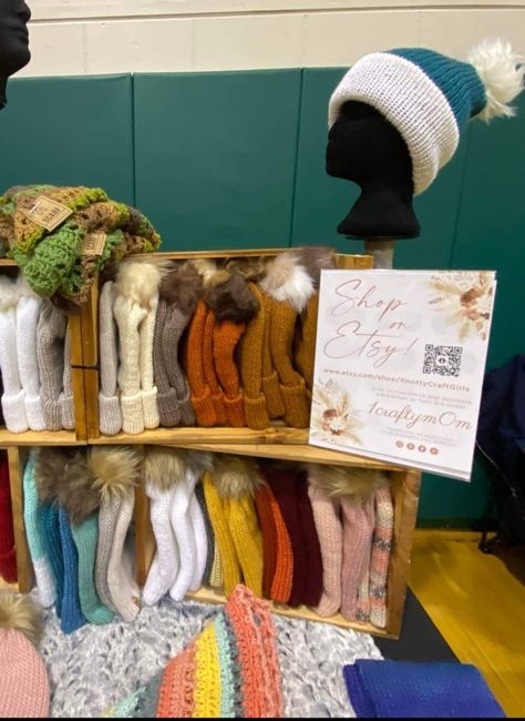 Hat Display Stand, Craft Show Hat Display Ideas, Display Hats For Sale, Crochet Hat Display Craft Fairs, Knitted Hat Display Ideas, Knit Hat Display Craft Fairs, Crochet Hat Display Ideas, How To Display Hats At A Craft Show, Crochet Market Display Ideas