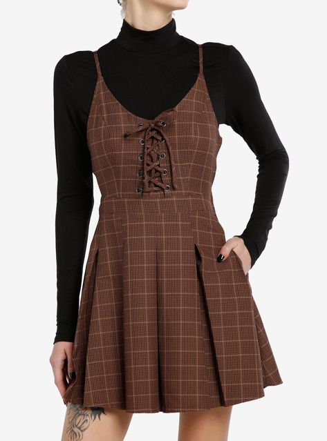 Social Collision Brown Plaid Long-Sleeve Twofer Dress Brown Plaid Dress, Dark Academia Dress, Social Collision, Academia Look, Dark Academia Look, Twofer Dress, Luanna Perez, Dark Academia Outfit, Dark Academia Clothes