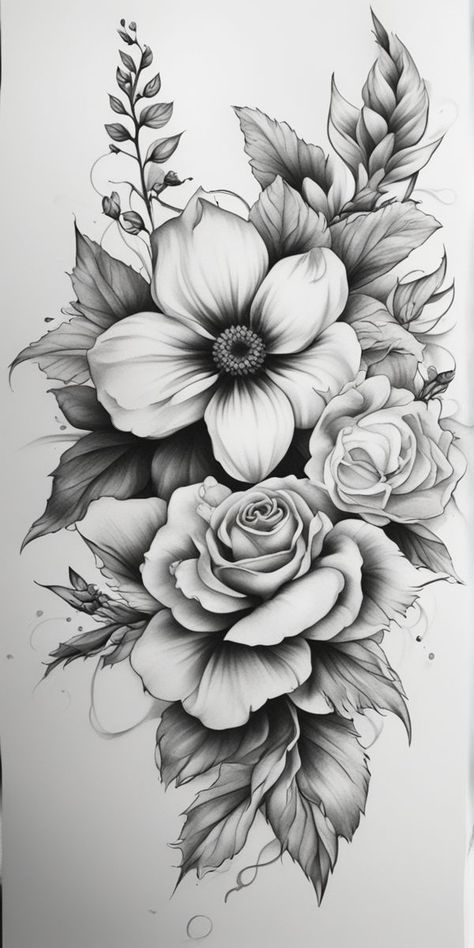 Dotwork Flower Tattoo, Black And White Flower Tattoo, Realistic Flower Tattoo, Tattoo Pics, Flower Thigh Tattoos, Rose Shoulder Tattoo, Flower Tattoo Drawings, Realistic Tattoo Sleeve, Flower Tattoo Shoulder