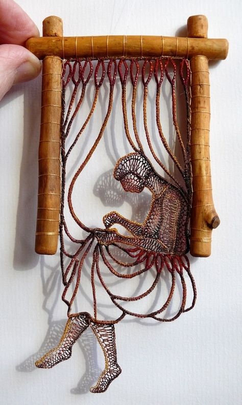 Delicate Hand-Sewn Lace Figures are Harmoniously Fused to Real Pieces of Found Wood Agnes Herczeg, Come Intrecciare, Lace Art, Textile Fiber Art, Piece Of Art, Macrame Art, Weaving Art, Bobbin Lace, Lace Making