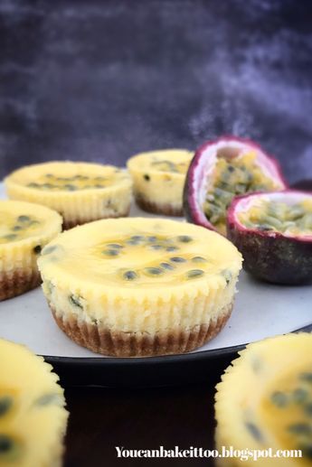 Baked Passionfruit Cheesecake, Grenadilla Recipes, Lilikoi Cheesecake Recipes, Grenadella Recipes, Lilikoi Cupcakes, Granadilla Cheesecake, Cheesecake Slice, Passionfruit Cheesecake, Mini Cheesecakes Easy