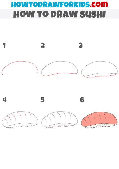 how to draw sushi step by step Sushi Drawing Easy, How To Draw Sushi, Sushi Drawing, Drawn Fish, Cute Easy Doodles, Food Artwork, Drawing Process, Coloring Supplies, Aspiring Artist