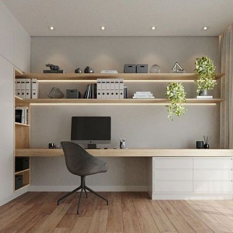 Modern Minimalist Office Space, Bedroom Desk Built In, Desk In Wall, Desk Along Wall, Full Wall Desk, Long Desk Along Wall, Small Home Office Ideas Workspaces, Orange Home Office, Home Study Ideas