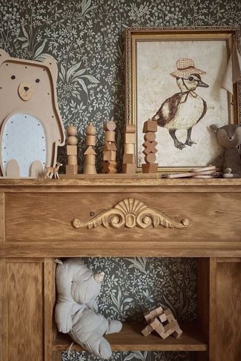 Vintage Eclectic Nursery, French Kids Room, Edwardian Nursery, Antique Nursery Ideas, Vintage Animal Nursery, Homestead Nursery, Victorian Kids Room, Antique Baby Nursery, Nursery Wallpaper Ideas