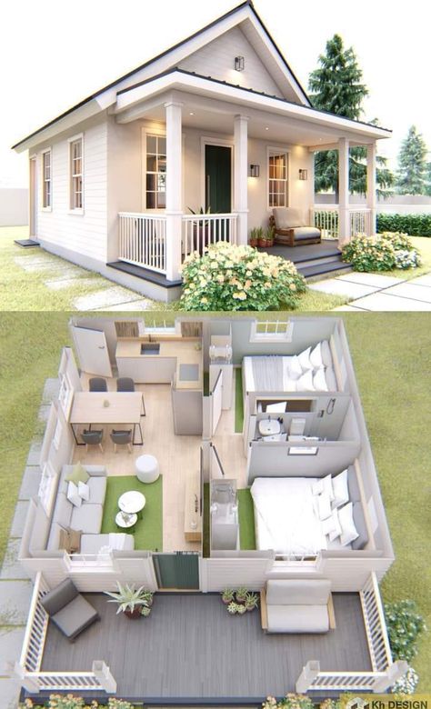 Tiny Home Large Family, Tiny House Design With Garage, Tiny Guest House Floor Plans, Small American House Design, Tiny Bungalow House Design, Tiny Home Layout Ideas, Courtyard Small House, One Floor Tiny House, Small House Plans With Basement