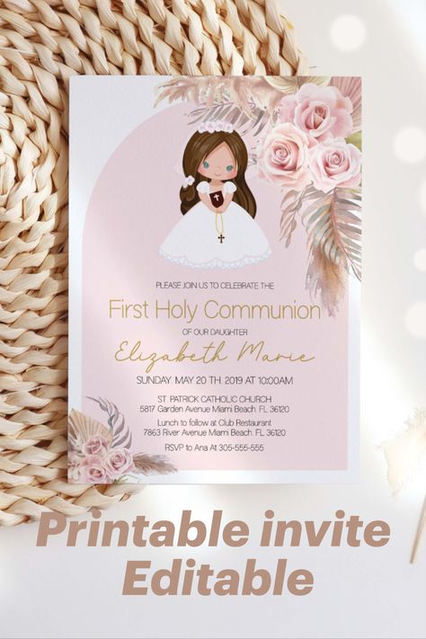 First Communion Party, Holy Communion Invitations, First Communion Invitations, Communion Party, Communion Invitations, Boho Theme, First Holy Communion, Invitation Printable, Holy Communion