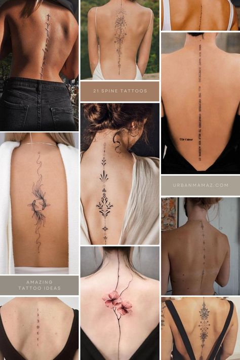 Looking for back tattoo ideas? Check out this list of 21 elegant spinal tattoo ideas for your next ink. Spinal Tatoos Beautiful, Women’s Spinal Tattoo, Back Tattoo Down Spine, Tattoos Going Down The Spine, Womens Spinal Tattoos, Elegant Tattoos Spine, Rune Spine Tattoo, Timeline Sleeve Tattoo, Tattoos For The Back Of The Neck