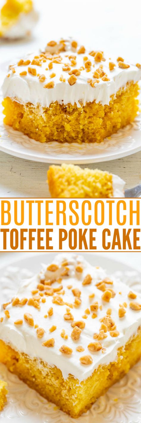 Butterscotch Toffee Poke Cake - Butterscotch sundae topping isn't just for ice cream - it makes AWESOME poke cakes!! Along with the irresistibly crunchy toffee bits, this is a perfect fast and EASY cake everyone will love!! Butterscotch Poke Cake, Toffee Poke Cake, Roll Cake Easy, Baking Recipes Chocolate, Butterscotch Toffee, Cupcake Desserts, Butterscotch Syrup, Sundae Toppings, Butterscotch Cake