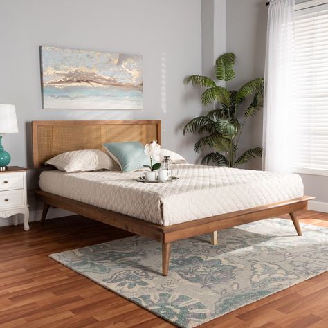 Nura Mid-Century Walnut Brown Wood and Rattan Platform Bed - Full - Bed Bath & Beyond - 34036125 King Size Platform Bed, Full Size Platform Bed, Rattan Headboard, Queen Size Platform Bed, Full Platform Bed, Queen Platform Bed, Wood Platform Bed, Baxton Studio, Modway Furniture