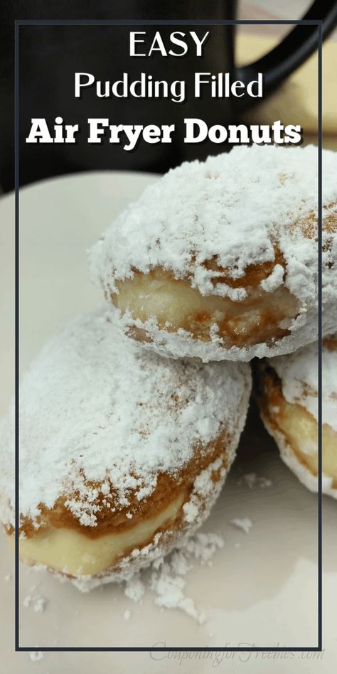 These pudding filled air fryer donuts just may be the easiest filled donuts ever! Only take about 10 minutes to make including cooking time! Pudding Filled Doughnut, Airfryer Biscuit Donut, Air Fryer Filled Donut Recipes, Air Fryer Doughnuts With Biscuits, Air Fryer Donuts From Scratch, Biscuit Donuts Recipe Air Fryer, Air Fryer Donuts With Biscuits, Airfryer Donut Recipes, Air Fryer Donuts Recipes