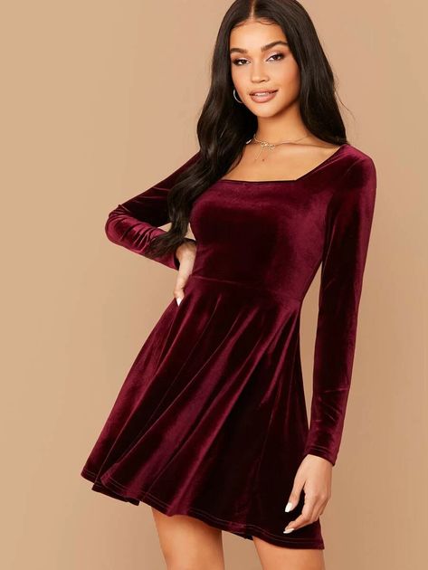 Square Neck Flared Velvet Dress | SHEIN USA Velvet Skater Dress, Velvet Dress Short, Burgundy Velvet Dress, Dresses By Pattern, 파티 드레스, Velvet Shorts, Shein Dress, Square Neck Dress, Estilo Chic