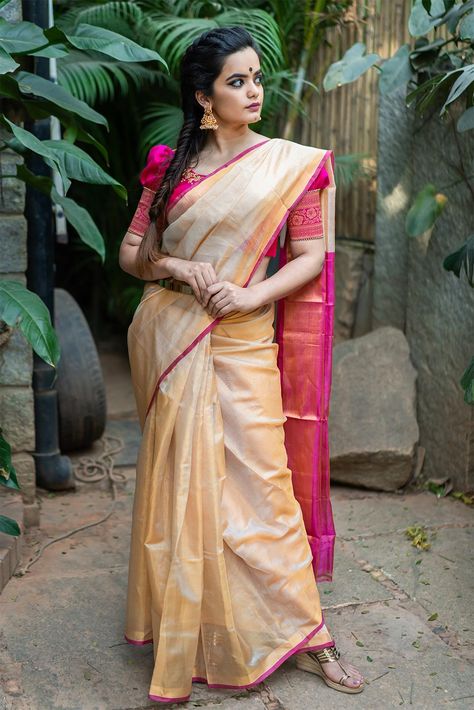 Hazrat Mahal  #saree #blouse #houseofblouse #indian #bollywood #style #designer #cream #tissue #silk #gold #border #pink #edging #pallu Onam Saree Pink Blouse, Onam Saree Modern, Onam Saree Blouse, Readymade Blouse Online Shopping, Cream Saree, Green Blouse Designs, Onam Saree, Designer Blouses Online, Uppada Sarees