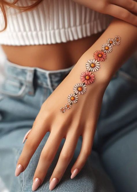 Eternal Blooms: 🌼💫 Imagine daisies twined together, forming an everlasting chain. Each blossom represents a cherished moment—a laugh shared, a dream woven. Let this tattoo adorn your skin, a reminder that life’s beauty lies in the connections we create. 🌟🌱 Daisy Chain Tattoo, Daisy Tattoos, Daisy Tattoo Designs, Wrist Tattoo Cover Up, Chain Tattoo, Daisy Tattoo, Birth Flower Tattoos, Floral Tattoo Design, 3d Tattoos