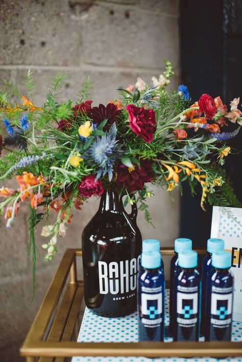 Beer Garden Wedding, Science Wedding, Beer Wedding, Beer Growler, Bottle Centerpieces, Brewery Wedding, Wedding Ceremony Photos, Inspirational Photos, Dinner Decoration