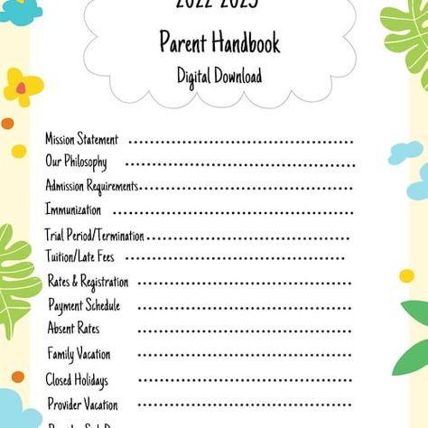 Complete Parent Handbook for New Daycares Daycare Handbook Template Free, Parent Handbook Daycare, Home Daycare Daily Report, Inhome Daycare, Daycare Infant Daily Sheet, Childcare Flyers Home Daycare, Parent Orientation, Daycare Director, Parent Handbook