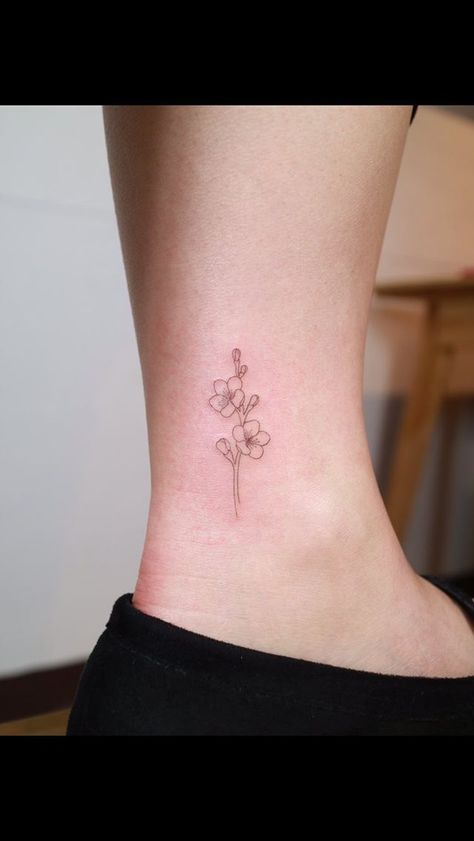 Fine Line Azalea Tattoo, March Cherry Blossom Tattoo, Yellow Apricot Blossom Tattoo, Pear Blossom Tattoo, Apricot Flower Tattoo, Apricot Blossom Tattoo, Cherry Blossom Fine Line Tattoo, Simple Cherry Blossom Tattoo, Japan Flower Tattoo