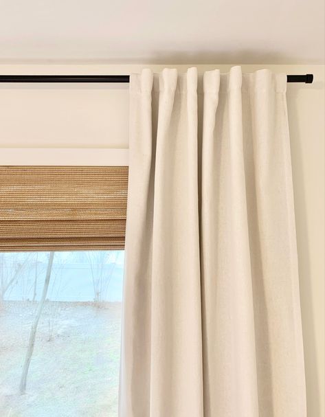 Bamboo Shades With White Curtains, Rattan Blinds With White Curtains, Mid Century Modern Window Treatments, Bali Natural Woven Shades, Hunter Douglas Woven Wood Shades, Tan Curtains, Dark Oak Flooring, Bamboo Shades Blinds.com, Cordless Blinds