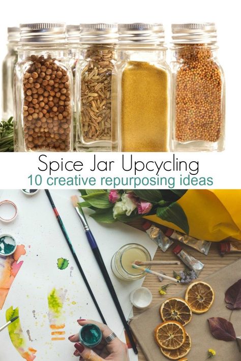 There are SO many ways to repurpose spice jars around the house that you should definitely not just toss them in the recycle bin. Here are a few unique ways to repurpose old spice jars! #recycling #greenliving #repurpose Spice Jars Ideas Diy, Repurpose Spice Jars, Spice Jar Crafts, Remove Labels From Jars, Recycle Decoration, Repurpose Decor, Creative Upcycling, Recycled Decor, Reuse Ideas