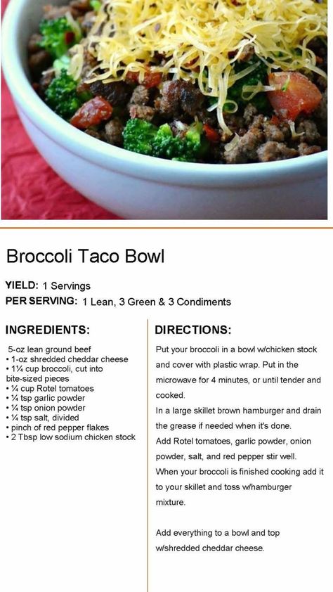 Broccoli Taco Bowl, Lean Dinners, Lean Protein Meals, Beef Bowl, Taco Bowl, Lean And Green, Beef Bowls, Cooking Tomatoes, Lean Meals