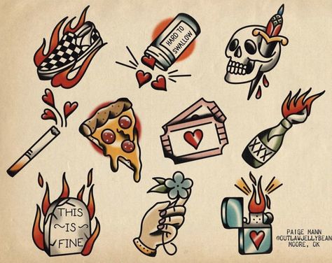 Traditional Tattoo Painting, Things On Fire, Drawing Fire, Traditional Tattoo Flash Sheets, Old School Tattoos, Americana Tattoo, Traditional Tattoo Old School, Traditional Style Tattoo, Traditional Tattoo Sleeve